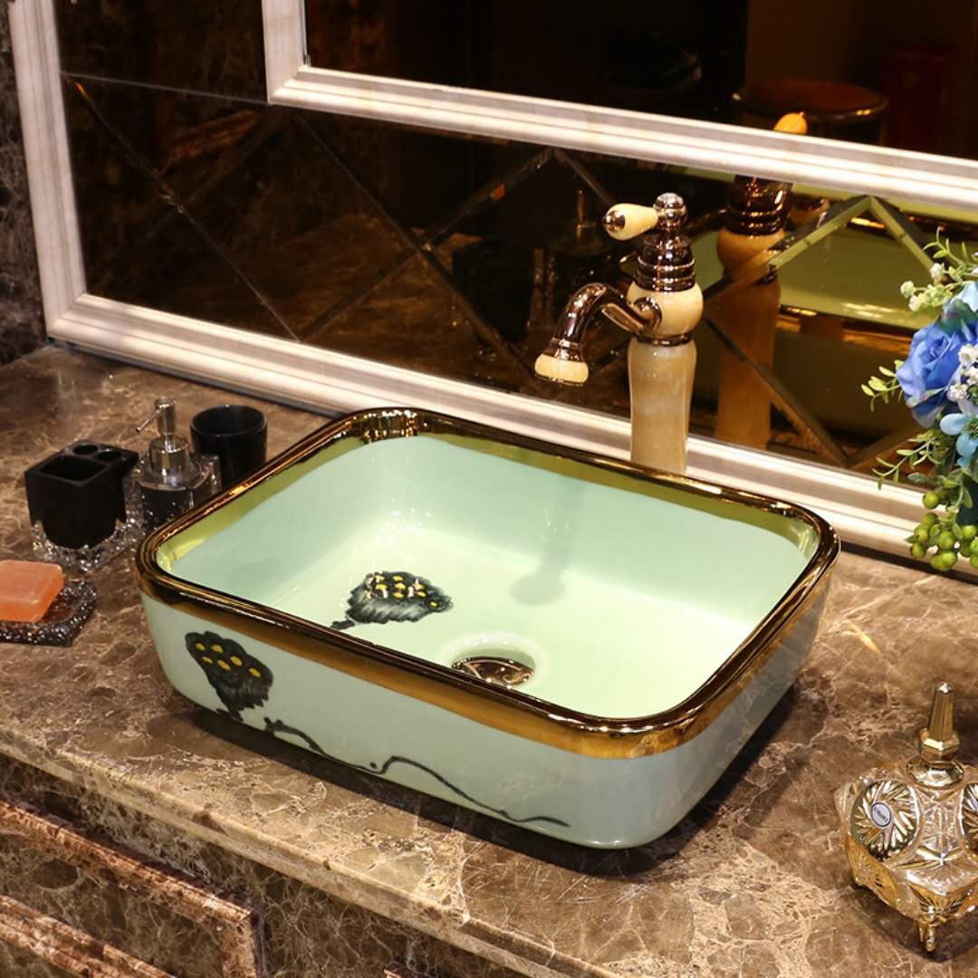 Chinese style gold edge design counter top rectangle basin