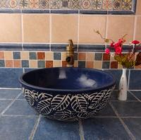 Handmade embossed art above counter basin in blue