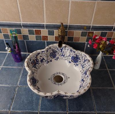 Blue and white porcelain flower shape countertop basin