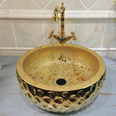 Porcelain material of round top bathroom sinks with luxury gold designs basins