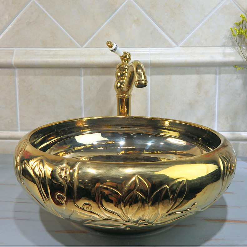 High quality luxury sink  of handmade embossment and light golden art basin