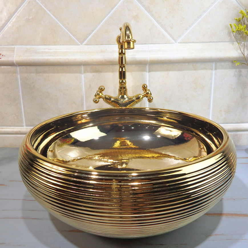 luxury high quality bathroom ceramic sink shinning gold wash hand basin